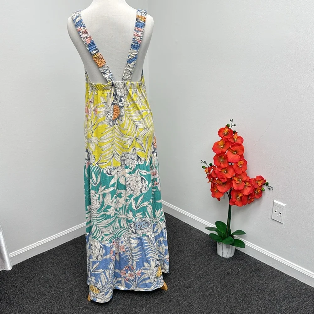 Anthropologie Maeve Blue and Yellow Tiered Maxi Sundress